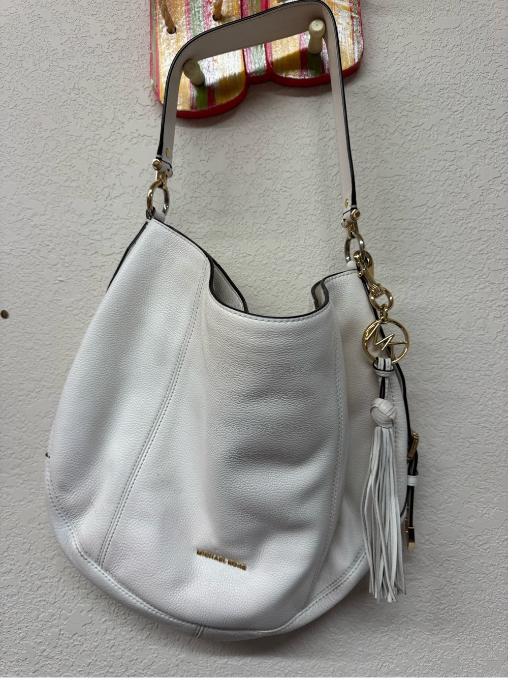 Michael Kors White Leather Shoulder Hobo with Tassel Charm